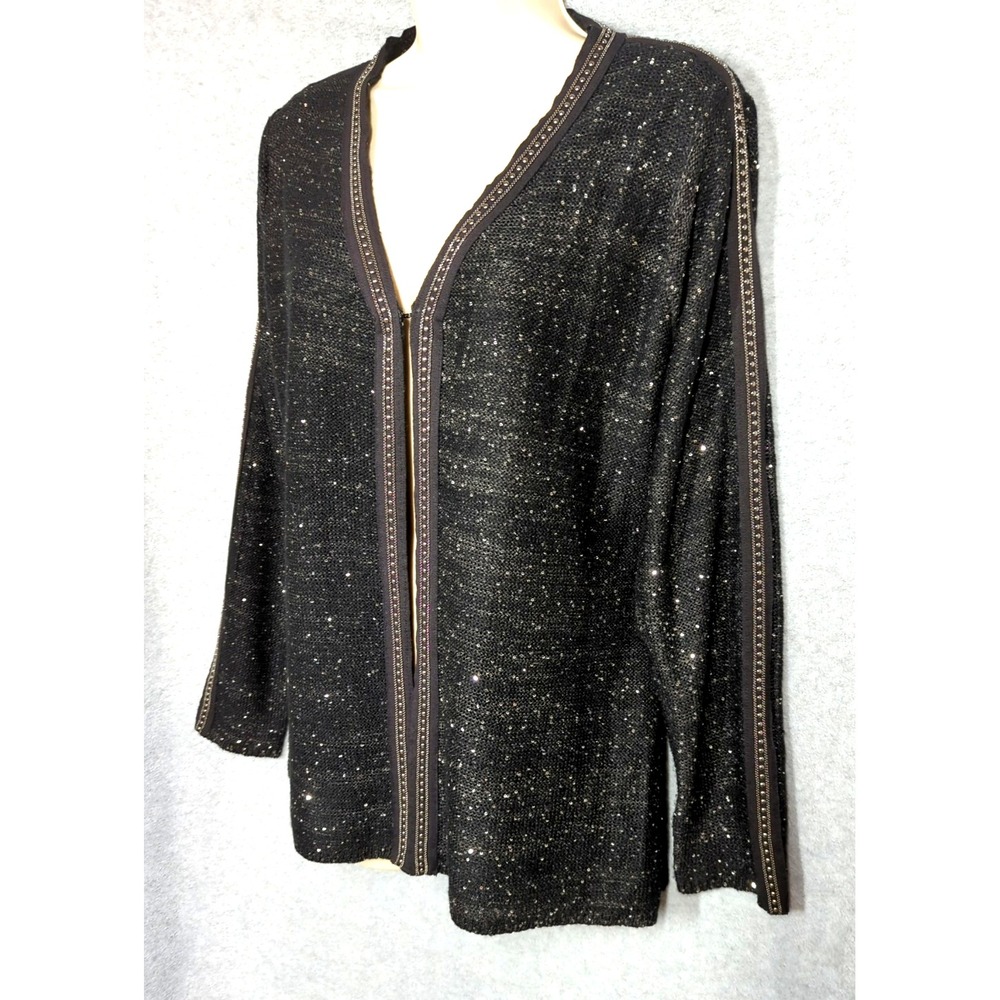 SIONI Cardigan Sweater L Studs Sequins Black Boucle Knit Party Holiday Ready
